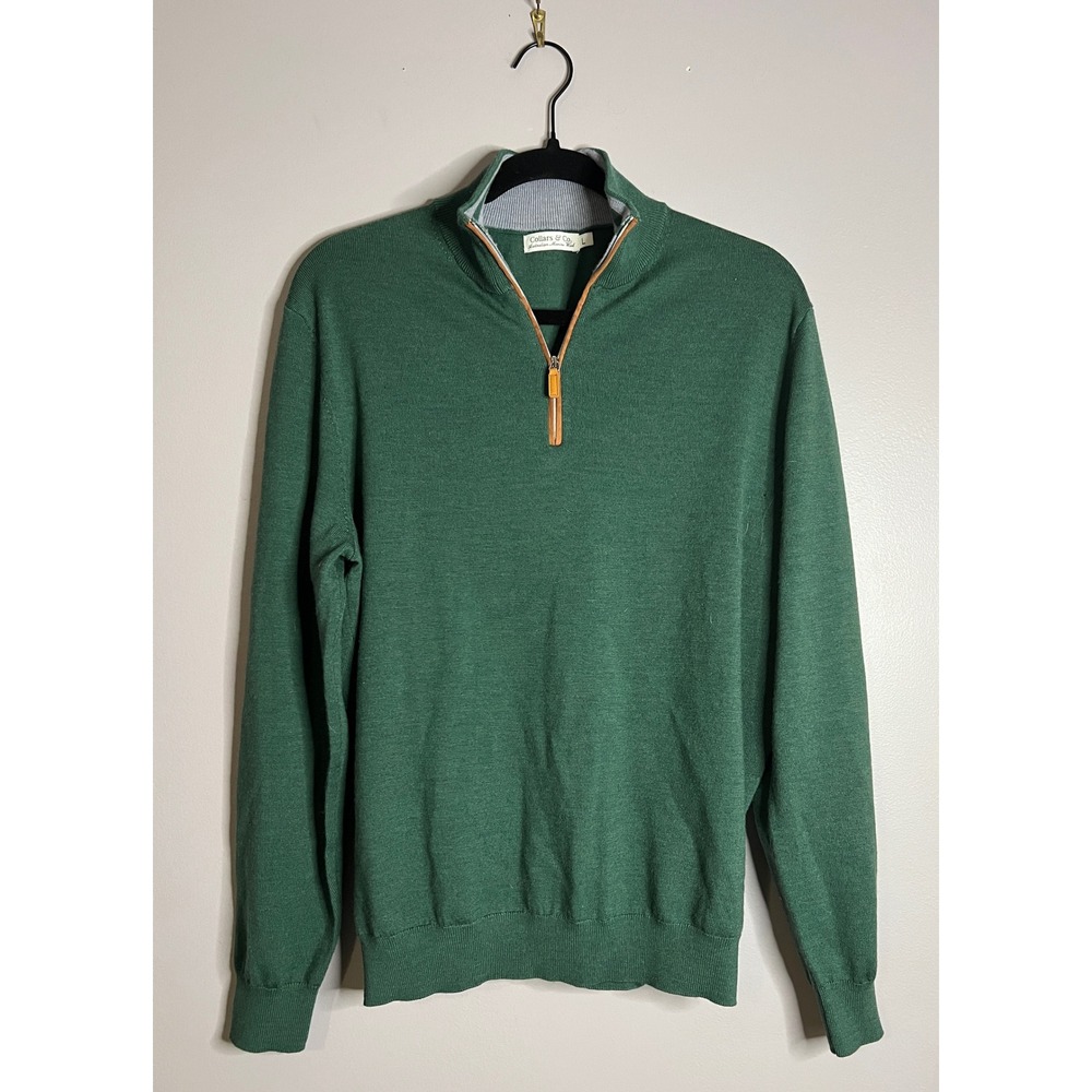 Collars & Co Mens 100% Australian Merino Wool Quarter Zip Sweater Green Large